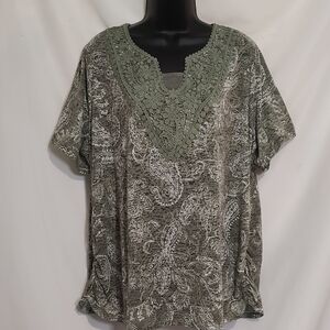 Erika Olive Green Paisley Lace-Trim Tunic